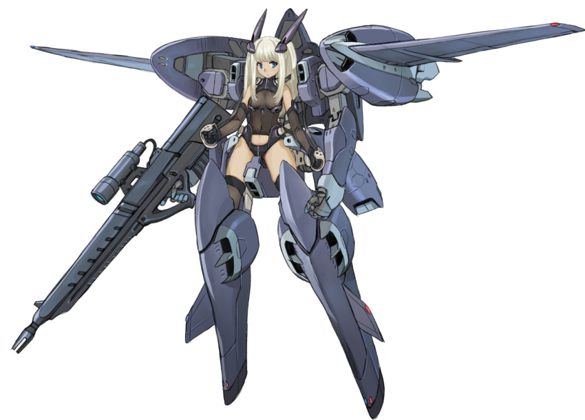 blue_eyes, bodysuit, copyright_request, exoskeleton, flyx2, grey_hair, gun, mecha_musume