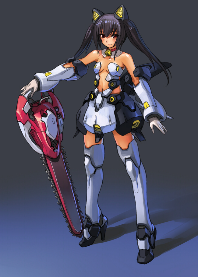 animal_ears, armor, armored_dress, bell, bell_collar, black_hair, breasts, cat_ears