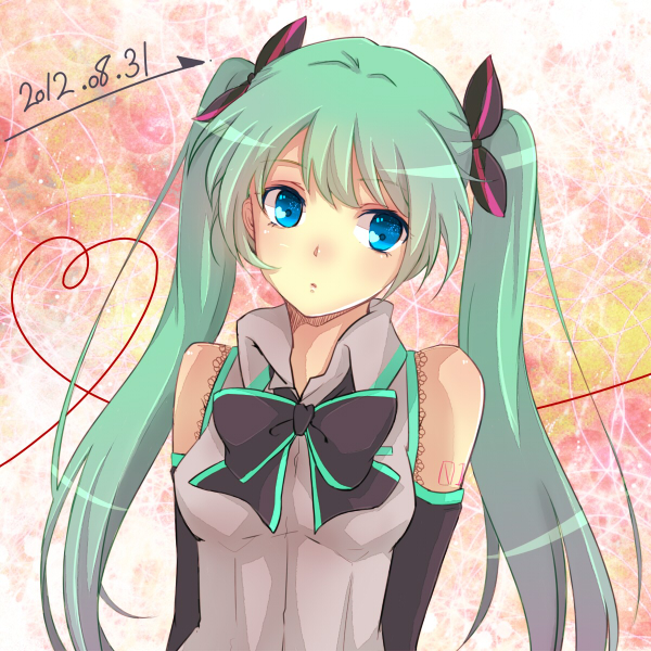 2012, aqua_eyes, bowtie, dated, detached_sleeves, green_hair, hatsune_miku, hiki-wota