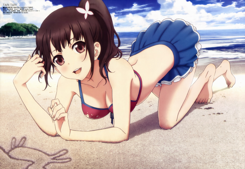 absurdres, akiyama_yuki_(artist), all_fours, barefoot, beach, bikini, bikini_skirt, bikini_top, blush, breasts, brown_eyes, brown_hair, cleavage, cloud, clouds, collarbone, feet, highres, legs, looking_at_viewer, megami, ocean, official_art, okita_sawa, open_mouth, ponytail, sand, sand_art, short_hair, skirt, sky, solo, swimsuit, tari_tari, toes, water