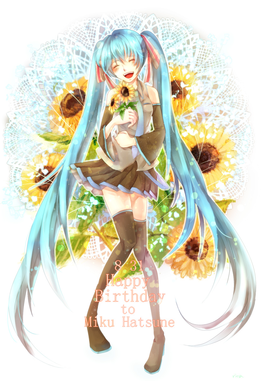 aqua_hair, boots, character_name, closed_eyes, dated, detached_sleeves, flower, hatsune_miku