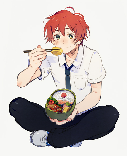 1boy, 21grams, chopsticks, food, male_focus, necktie, obentou, red_hair