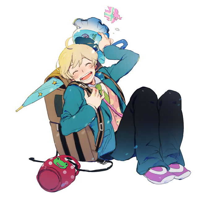 21grams, backpack, bag, blazer, blonde_hair, closed_eyes, eyes_closed, fish