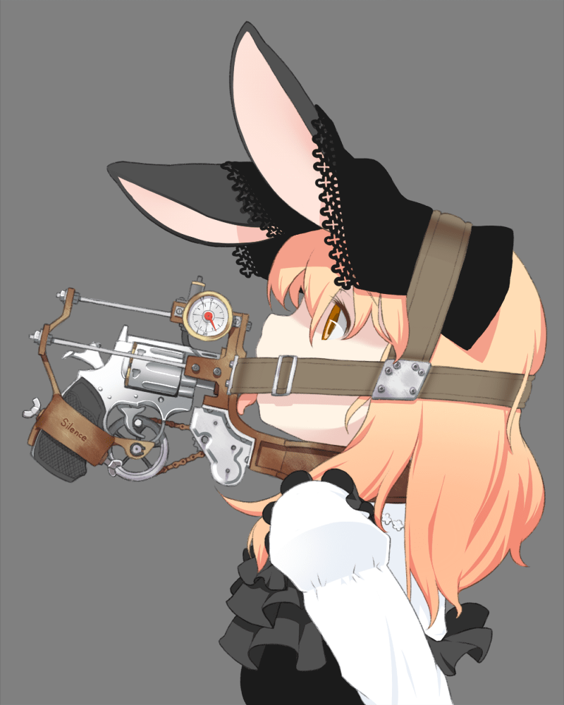 1girl, animal_ears, arms_behind_back, bdsm, blonde_hair, bondage, cocked_hammer, commentary