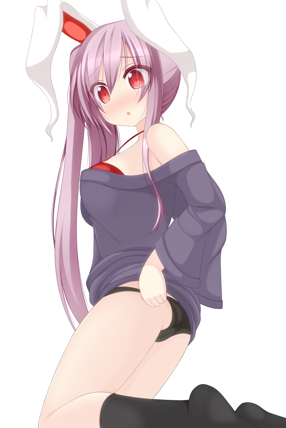 animal_ears, black_legwear, black_panties, blush, bra, breasts, bunny_ears, chimunge