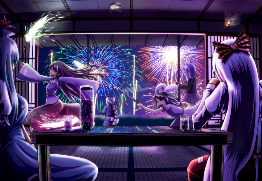 black_hair, bow, braid, bunny_ears, condensation, fire, fireworks, fujiwara_no_mokou