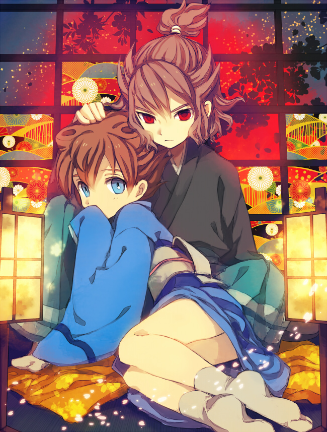 aofujiake, blue_eyes, brown_hair, fusion, hand_on_head, inazuma_eleven, inazuma_eleven_(series), inazuma_eleven_go