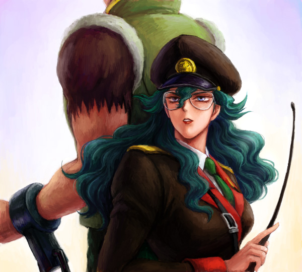 1girl, argo_gulskii, blue_eyes, g_gundam, glasses, green_hair, gundam, hat