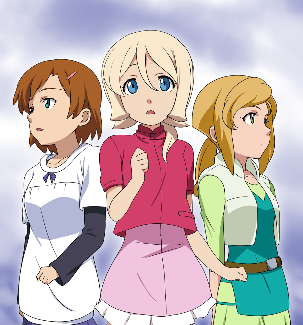 aqua_eyes, belt, blonde_hair, blue_eyes, brown_hair, collarbone, dress, emily_armond, gundam, gundam_age, ikari_manatsu, light_brown_hair, long_hair, multiple_girls, no_legwear, open_mouth, payot, ribbon, romary_stone, time_paradox, vest, wendy_hearts