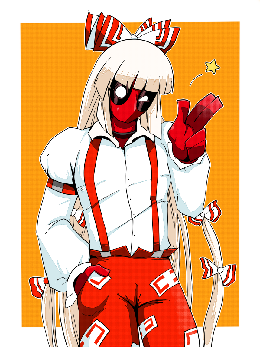 bow, cosplay, crossdressinging, deadpool, fujiwara_no_mokou, fujiwara_no_mokou_(cosplay), ganguri, hair_bow
