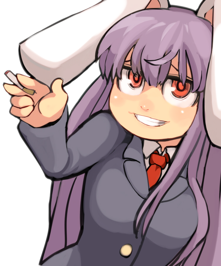 1girl, animal_ears, bunny_ears, cigarette, grin, hospital_king, kimonge, long_hair