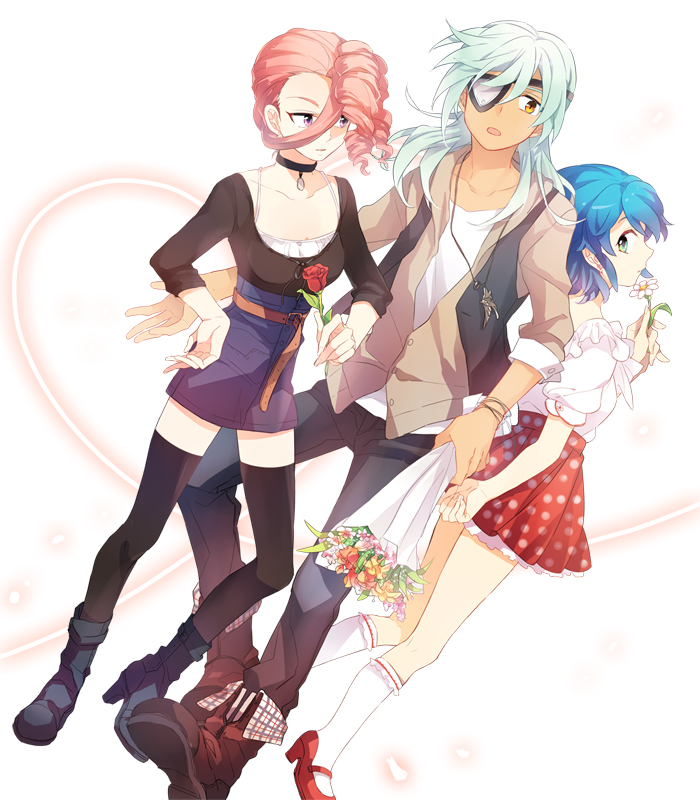 2girls, black_legwear, blue_hair, boots, dark_skin, eyepatch, flower, green_eyes