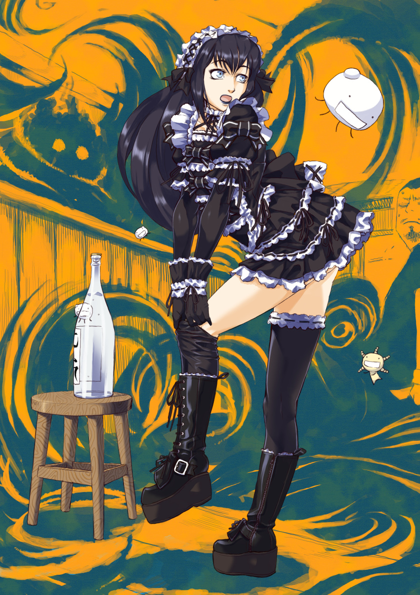 black_hair, black_lipstick, blue_eyes, bottle, chair, crossdressing, crossdressinging, elbow_gloves