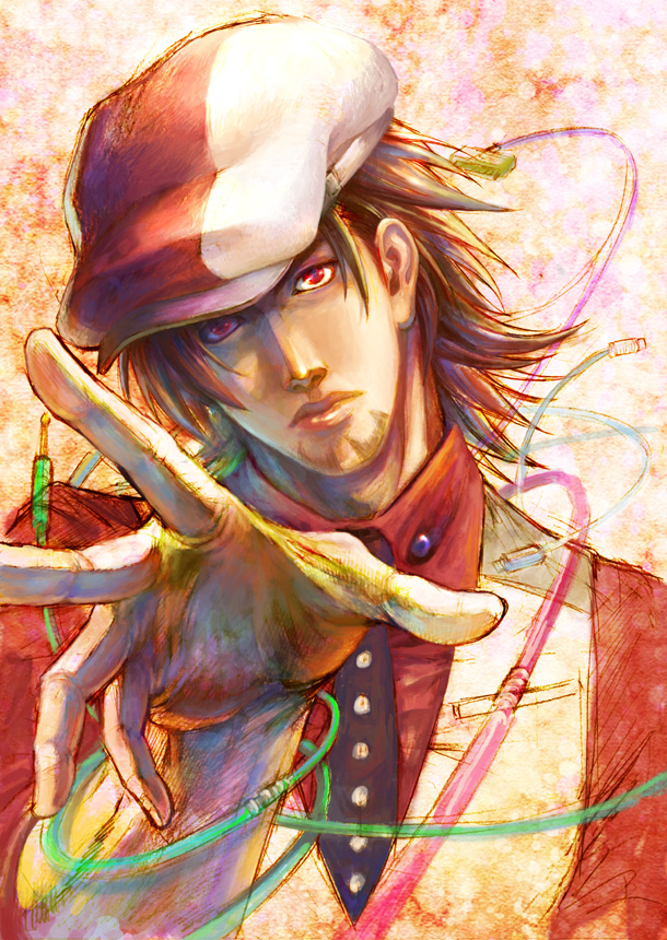 1boy, brown_hair, cabbie_hat, cable, devilsbones, ebitetsu, facial_hair, hat