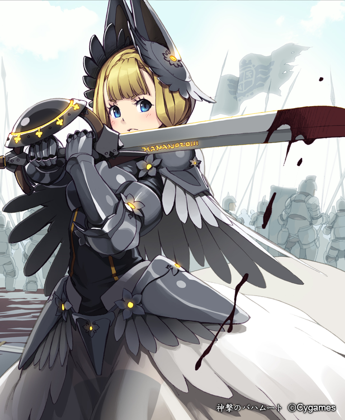 armor, black_legwear, blonde_hair, blood, blue_eyes, lena_(zoal), looking_at_viewer, luminous_knight, shingeki_no_bahamut, solo, sword, thigh-highs, thighhighs, watermark, weapon