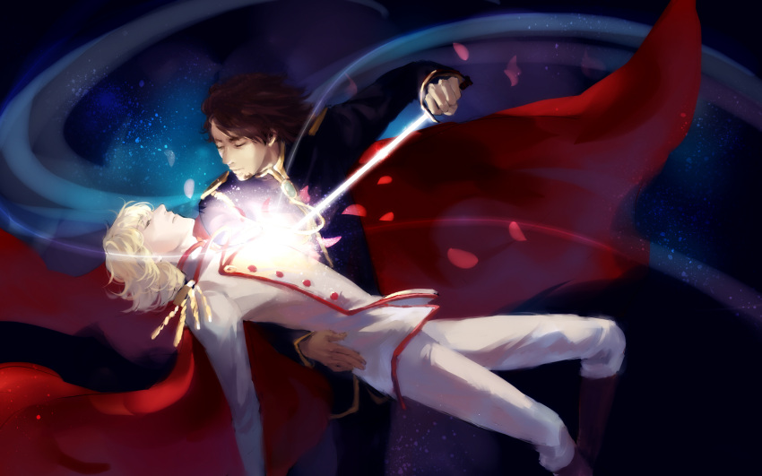barnaby_brooks_jr, blonde_hair, brown_hair, cape, facial_hair, glowing, glowing_weapon, highres