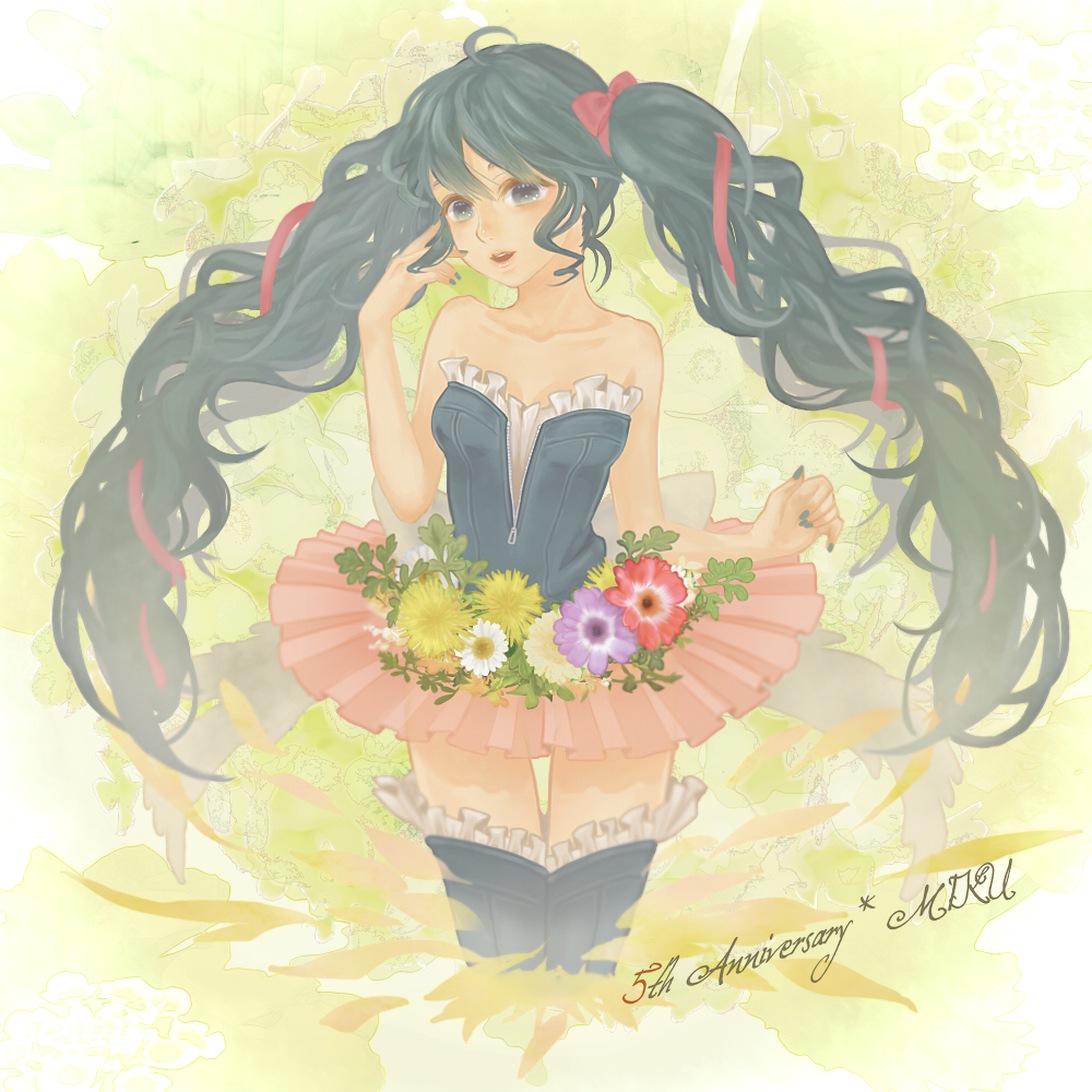 1girl, ahoge, character_name, flower, hatsune_miku, ladybird8n, long_hair, skirt, solo, thighhighs, twintails, unzipped, very_long_hair, vocaloid