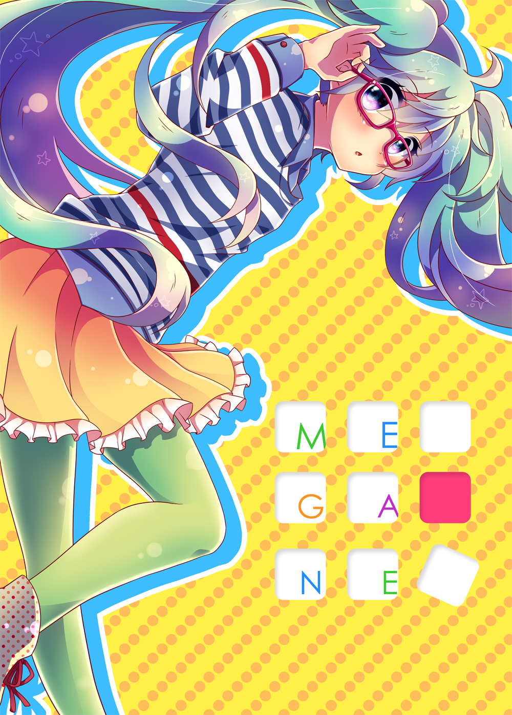 aqua_hair, bespectacled, glasses, green_legwear, hatsune_miku, highres, long_hair, pantyhose