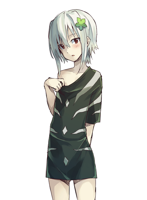 accelerator, bad_id, brown_eyes, flat_chest, flower, genderswap, hair_flower, hair_ornament, kurikinton, looking_at_viewer, naked_shirt, off_shoulder, parted_lips, short_hair, solo, suzushina_yuriko, to_aru_majutsu_no_index