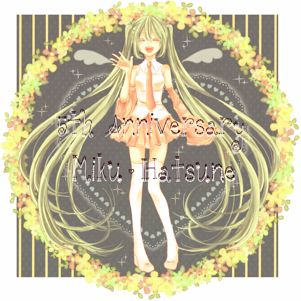 character_name, closed_eyes, detached_sleeves, eyes_closed, green_hair, hatsune_miku, long_hair, necktie