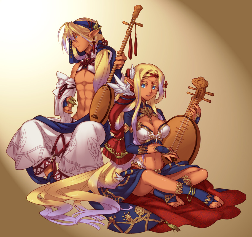 blue_eyes, couple, dark_skin, hazuki_gean, instrument, long_hair, lute_(instrument), midriff
