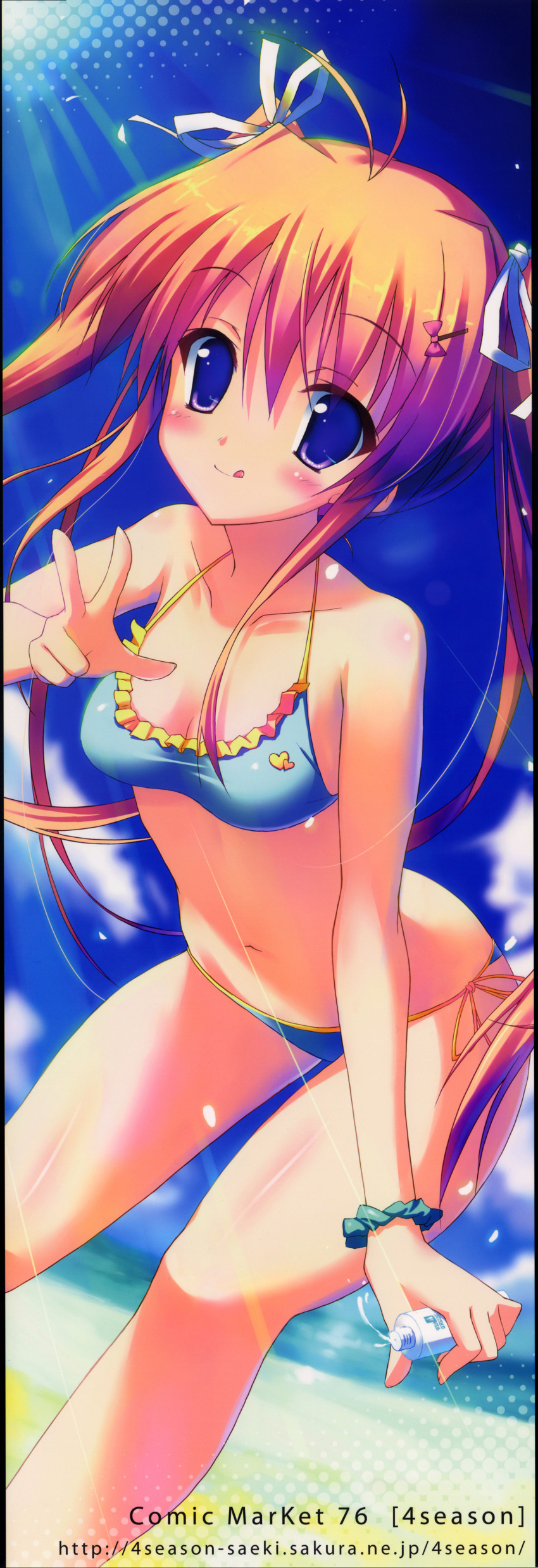 :q, antenna_hair, bikini, blush, body_blush, breasts, cleavage, comiket, comiket_76, hair_ornament, hair_ribbon, hairclip, highres, leaning_forward, licking_lips, long_hair, navel, orange_hair, original, purple_eyes, ribbon, saeki_nao, solo, string_bikini, swimsuit, tongue, twintails, v, violet_eyes, watermark