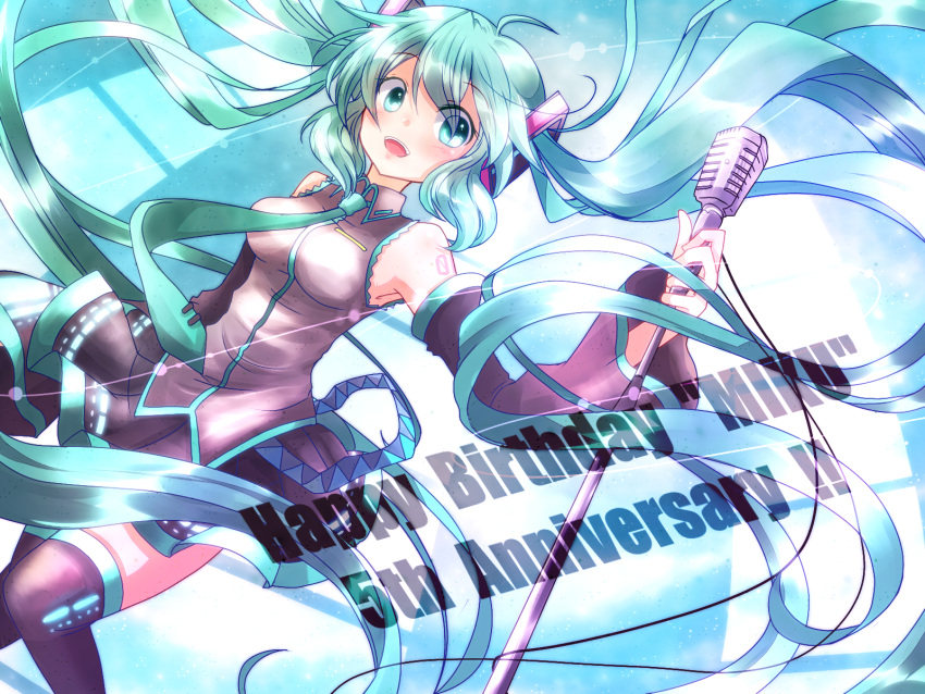 aqua_eyes, aqua_hair, detached_sleeves, hatsune_miku, highres, long_hair, microphone, necktie