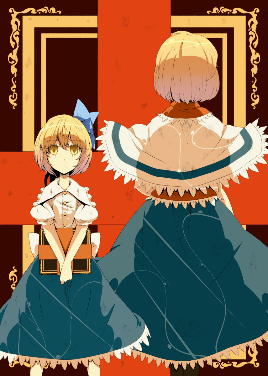 alice_margatroid, alice_margatroid_(pc-98), blonde_hair, book, capelet, cross, hair_ribbon, highres, multiple_girls, puffy_sleeves, red_cross, ribbon, ryuu_(tsukinoyuki), sash, short_hair, short_sleeves, touhou, touhou_(pc-98), yellow_eyes