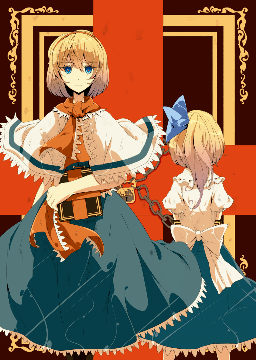 alice_margatroid, alice_margatroid_(pc-98), alternate_hairstyle, blonde_hair, blue_eyes, book, capelet, chain, chains, cross, hair_ribbon, hairband, highres, lock, multiple_girls, padlock, ponytail, puffy_sleeves, red_cross, ribbon, ryuu_(tsukinoyuki), sash, short_hair, short_sleeves, standing, touhou, touhou_(pc-98)