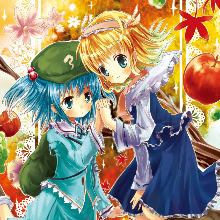 alice_margatroid, apple, aqua_eyes, aqua_hair, backpack, bag, blonde_hair, blue_eyes