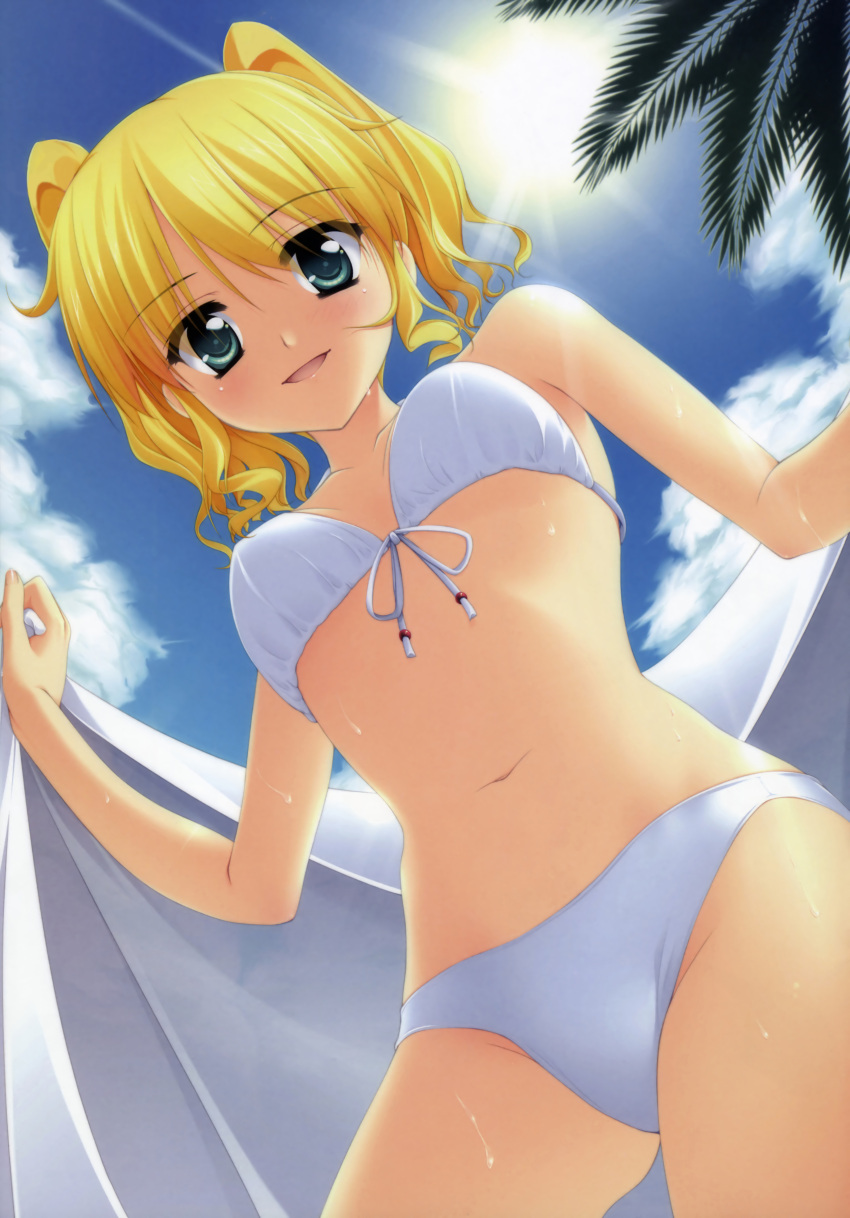 absurdres, bikini, blonde_hair, blue_eyes, blush, cloud, dutch_angle, from_above