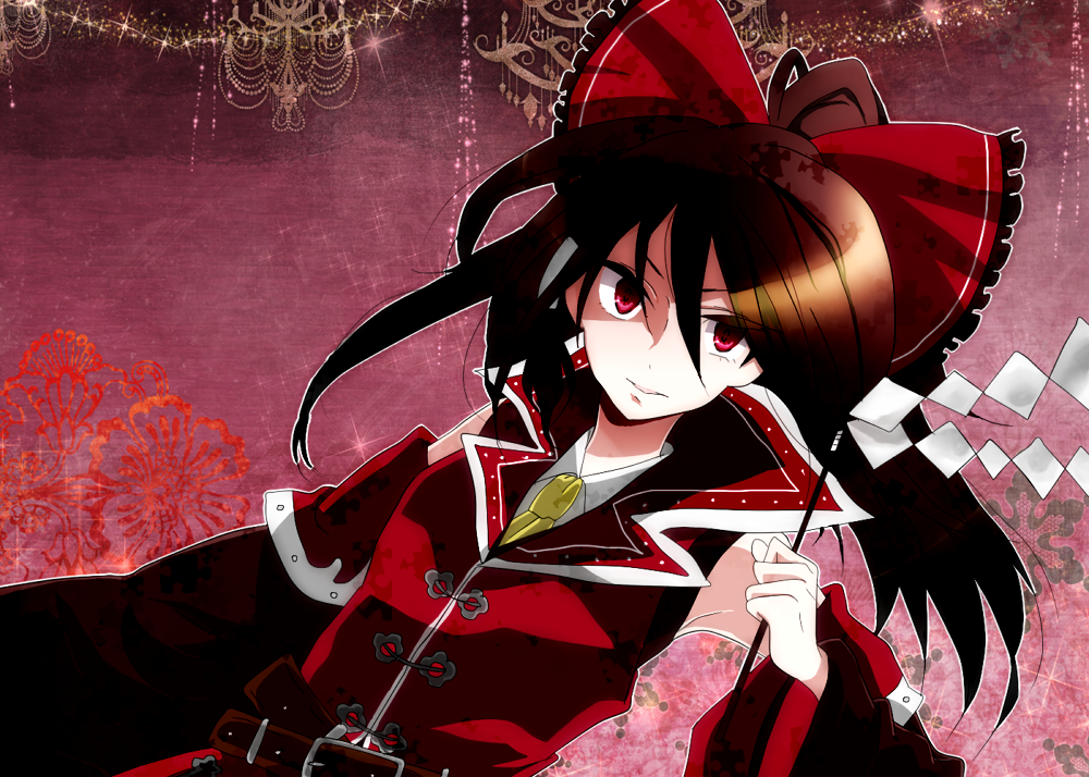 alternate_costume, belt, bow, brown_hair, detached_sleeves, gohei, hair_bow, hair_tubes