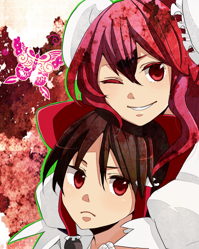 bow, brown_hair, double_bun, hair_bow, hair_tubes, hakurei_reimu, ibaraki_kasen, multiple_girls, red_eyes, red_hair, redhead, rururu_(athletic-meet), short_hair, smile, touhou, wink
