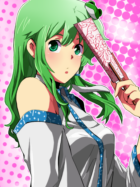 blush, detached_sleeves, frog_hair_ornament, gohei, green_eyes, green_hair, hair_ornament, hair_tubes