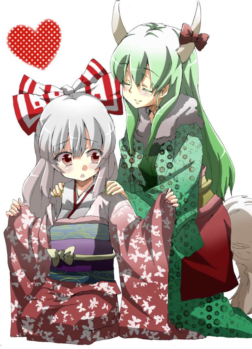 alternate_costume, blush, bow, closed_eyes, ex-keine, eyes_closed, fujiwara_no_mokou, green_hair, hair_bow, highres, horns, kamishirasawa_keine, long_hair, long_sleeves, multiple_girls, obi, red_eyes, rururu_(athletic-meet), silver_hair, smile, tail, touhou, white_background, wide_sleeves