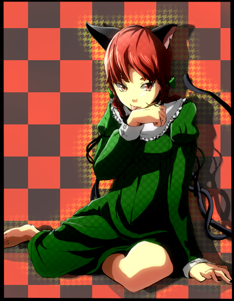 animal_ears, barefoot, cat_ears, cat_tail, kaenbyou_rin, long_hair, long_sleeves, multiple_tails