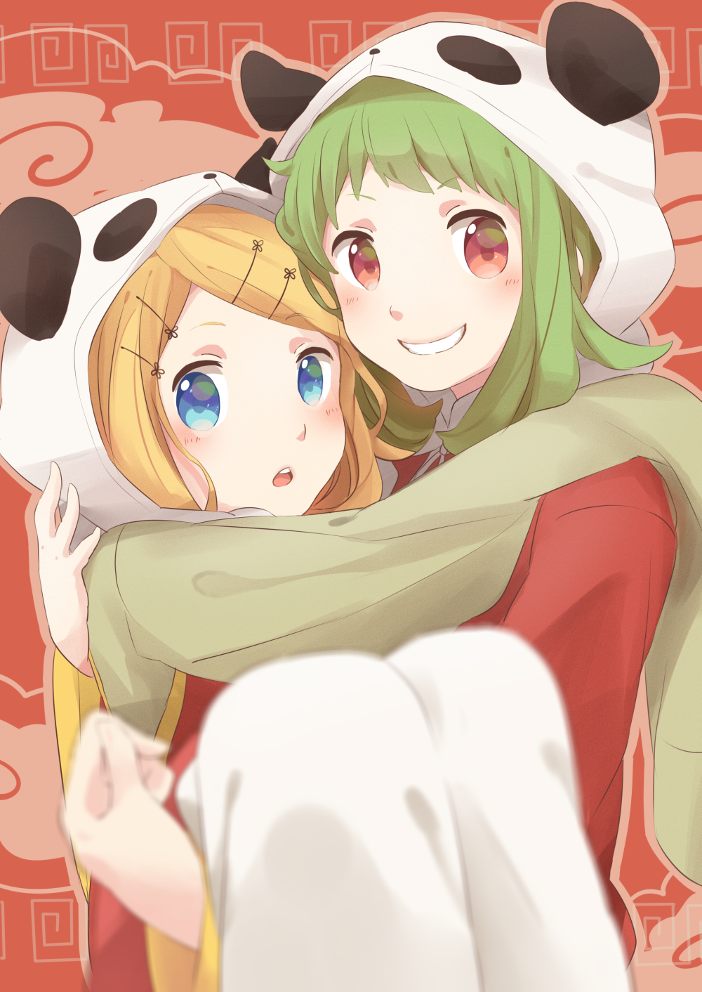animal_hat, aqua_eyes, blonde_hair, blush, carrying, chinese_clothes, green_hair, gumi