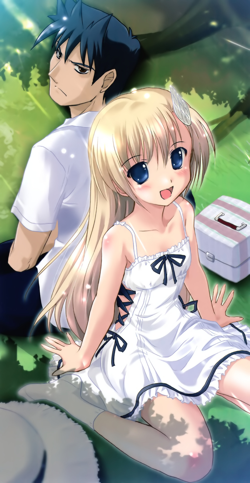 1boy, 1girl, :d, absurdres, back-to-back, blonde_hair, blue, blue_eyes