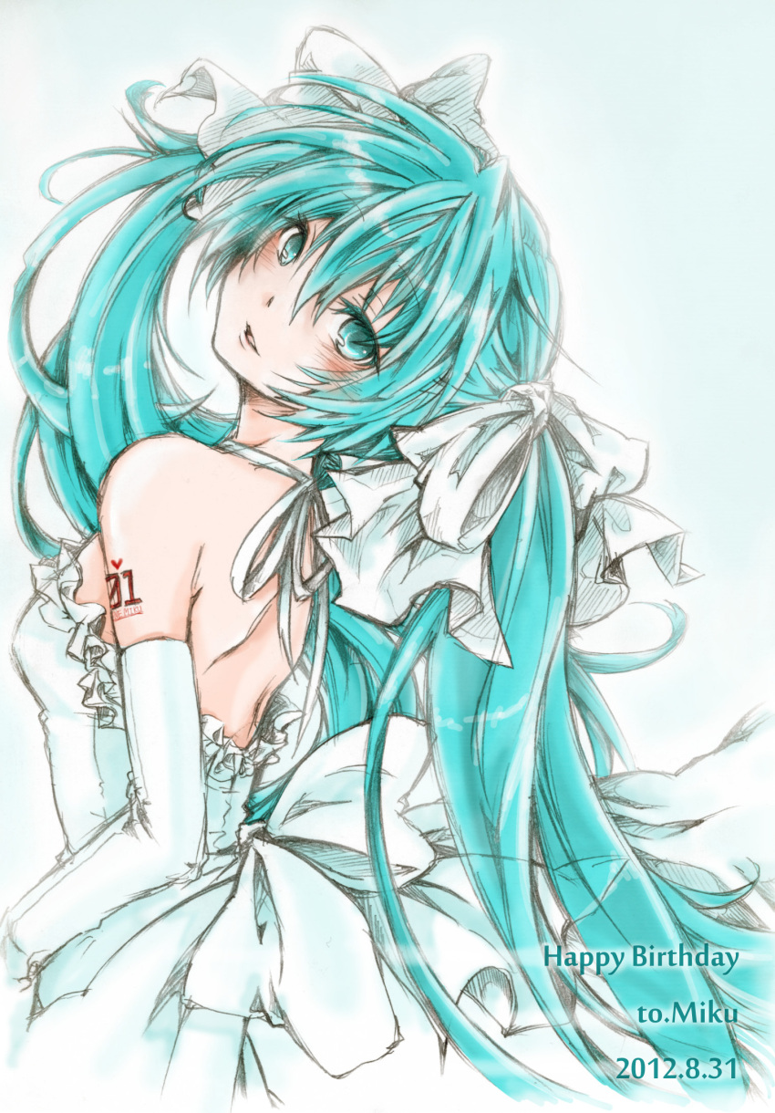 aqua_eyes, aqua_hair, bow, dress, elbow_gloves, frills, gloves, hair_bow, hatsune_miku, highres, karakasa_garaku, long_hair, looking_at_viewer, open_mouth, rough, solo, twintails, very_long_hair, vocaloid, white_dress