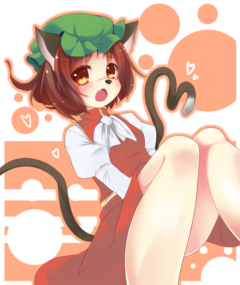 animal_ears, blush, brown_eyes, brown_hair, cat_ears, cat_tail, chen, hat