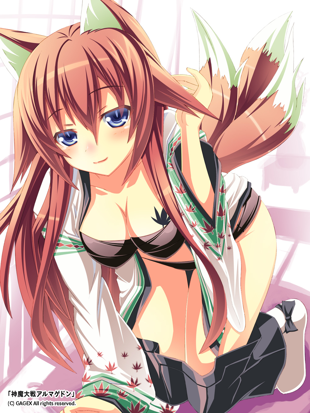 animal_ears, blue_eyes, blue_hair, blus, blush, bow, breasts, brown_hair