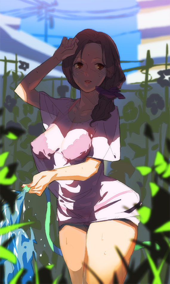 bra, brown_hair, dark, ekao, flower, hose, hot, idolmaster