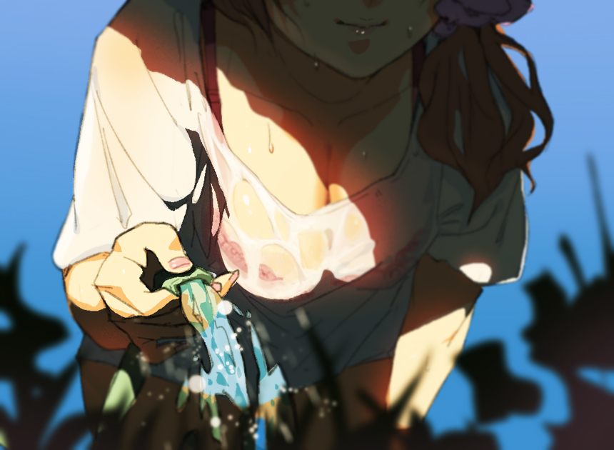 bra, breasts, brown_hair, character_request, cleavage, collarbone, dark, down_blouse