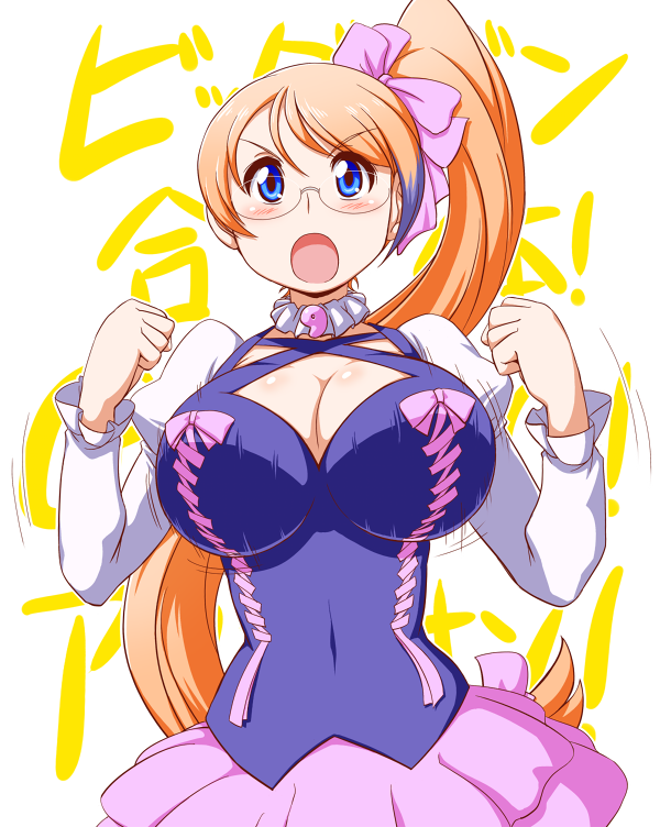aquarion_evol, blue_eyes, blush, bouncing_breasts, bow, breasts, cleavage, glasses