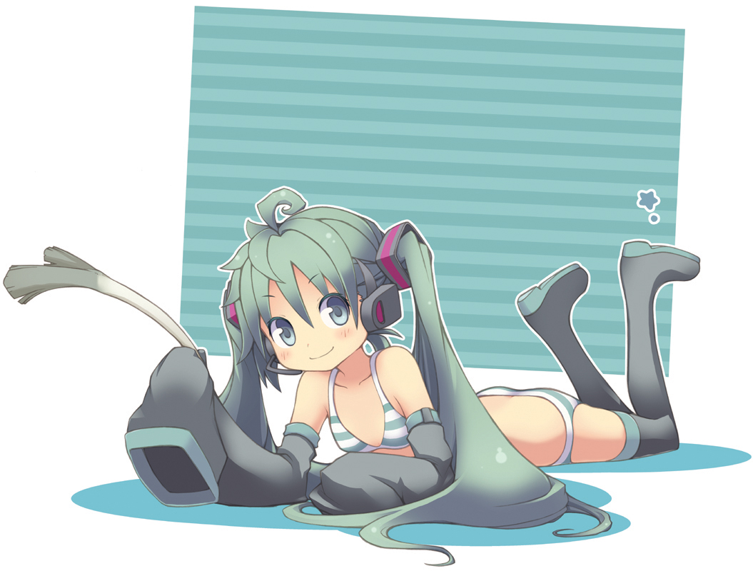 ahoge, blue_striped_panties, blush, boots, bra, detached_sleeves, green_eyes, green_hair