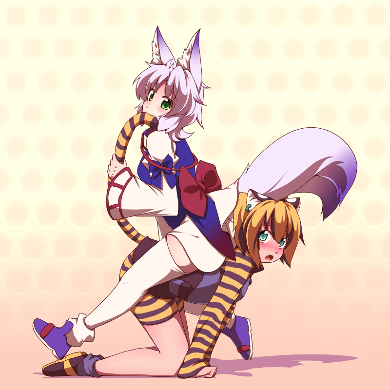 all_fours, animal_ears, aqua_eyes, blush, fang, fox_ears, fox_tail, fukunomiya_koko