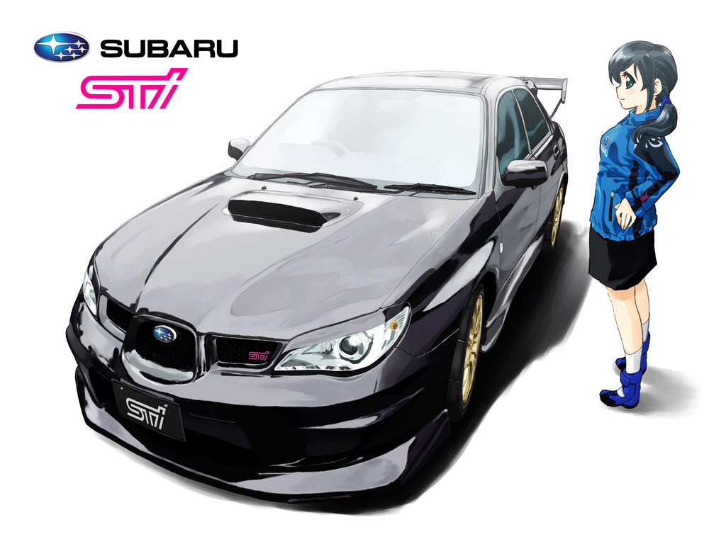 1girl, black_hair, car, english, logo, long_hair, motor_vehicle, original