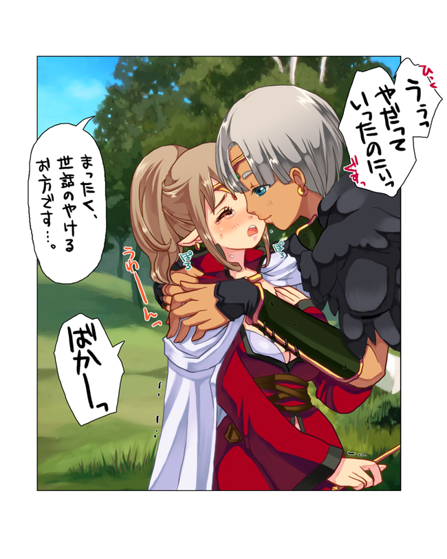 2girls, blue_eyes, brown_hair, cape, character_request, closed_eyes, comic, dragon's_dogma