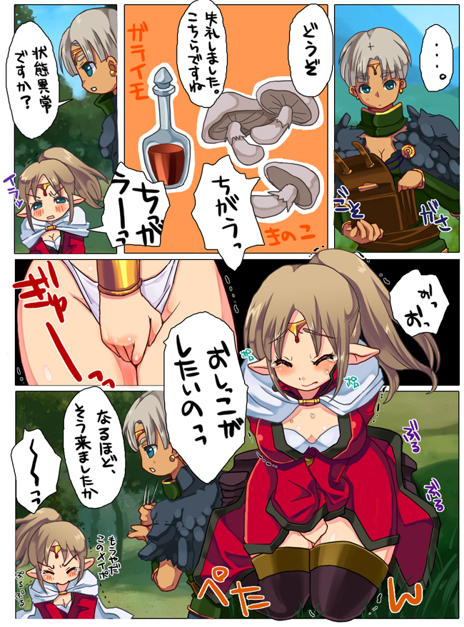 2girls, blue_eyes, breasts, brown_hair, character_request, cleavage, comic, dragon's_dogma