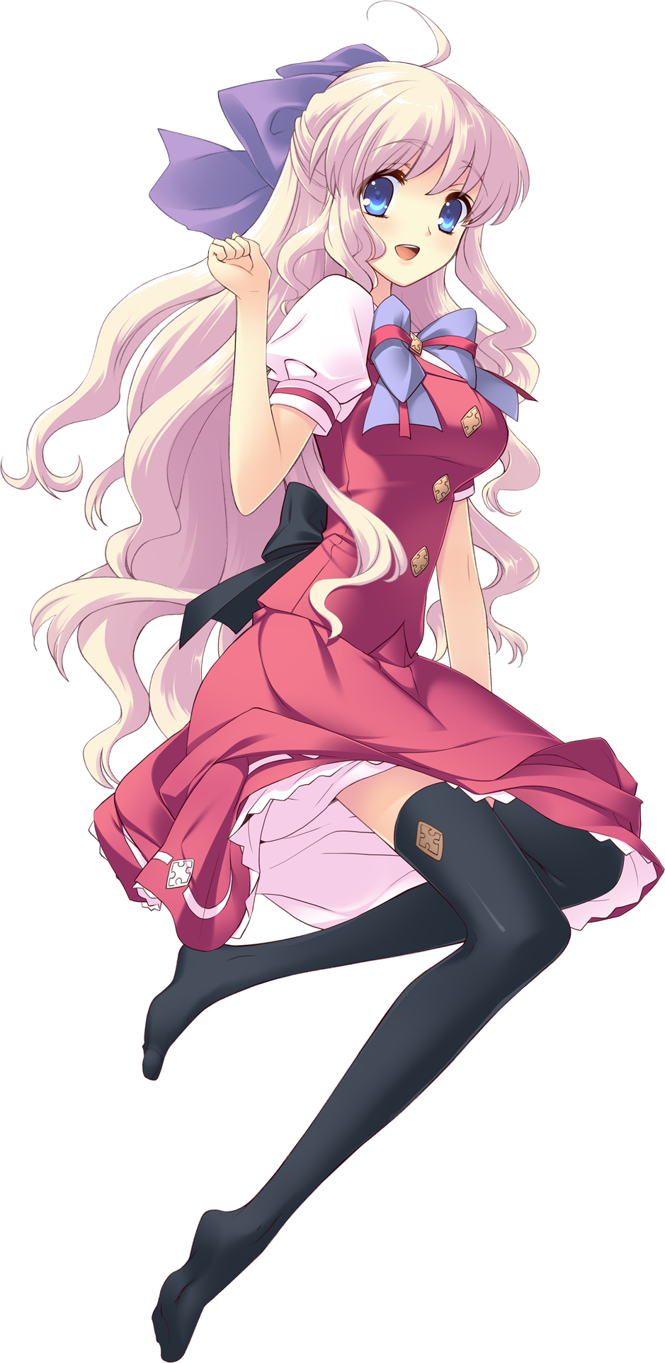:d, ahoge, black_legwear, blue_eyes, bow, flyable_heart, grey_hair, hair_bow, half_updo, highres, itou_noiji, long_legs, minase_sakurako, noizi_ito, open_mouth, school_uniform, simple_background, smile, thigh-highs, thighhighs, unisonshift